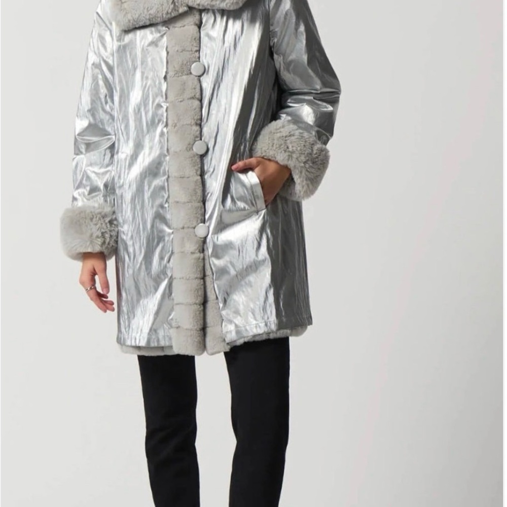 Joseph Ribkoff Silver Faux Fur Reversible Coat - Picture 5 of 15
